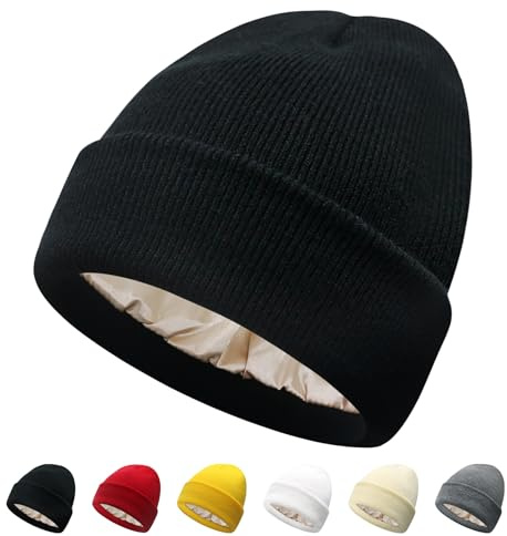 PFFY Satin Lined Beanie for Women Silk Lining Soft Winter Hats Reduce Frizz Knit Beanies Warm Skull Cap Black