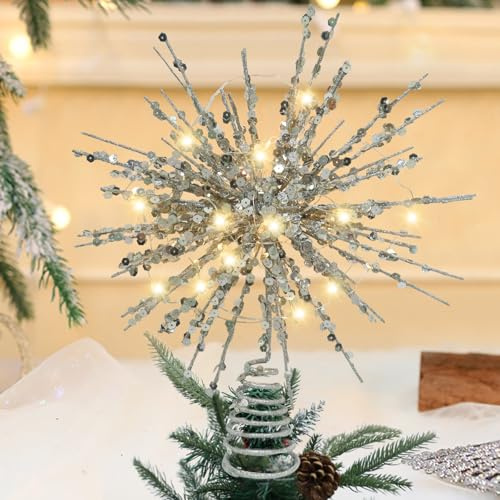 Julgransspets stjärna, trädspets jul, julgransspets, trädspets, spetspåse, metalldesign, glitter, 20 LED-lampor, julgransspets, stjärna för jul hemma, julgran, dekoration (B)