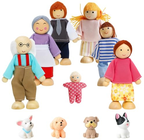 BaiDekun 11 Stück Puppenhaus Puppen, Puppenhaus Figuren Set, Biegepuppen Familie mit Katze und Hund, Holzspielzeug für Kinder, Rollenspiel und kreatives Spiel, Puppenhaus Zubehör