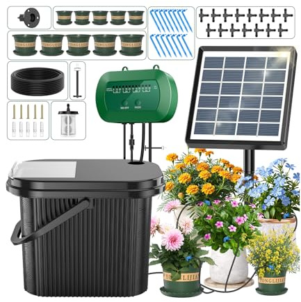 AnseTo Sistema di Irrigazione Solare, Kit Sistema di Irrigazione Automatica Timer di Irrigazione con Batteria ad Alta Capacità con Serbatoio D'acqua e Fioriera Separata per Balcone e Cura delle Piante