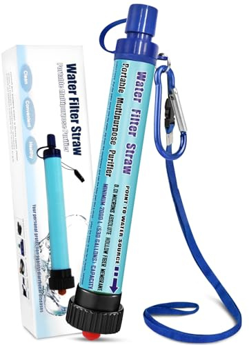 DeFe Filtre Eau Personnel 2000L Système de Filtration d'eau Élimine 99,9% des Bactéries Filtre à 0,01 Microns Paille Eau Potable pour Randonnée Voyage Backpacking Camping Survi (Bleu 1 Pack)