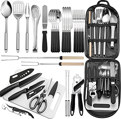 Tragbares Camping-Küchenutensilien-Set, 27-teiliges Kochgeschirr-Set, Edelstahl, Outdoor-Koch- und Grillutensilien, Organizer, Reise-Set, perfekt für Reisen, Picknicks, Grillabende, Partys und mehr