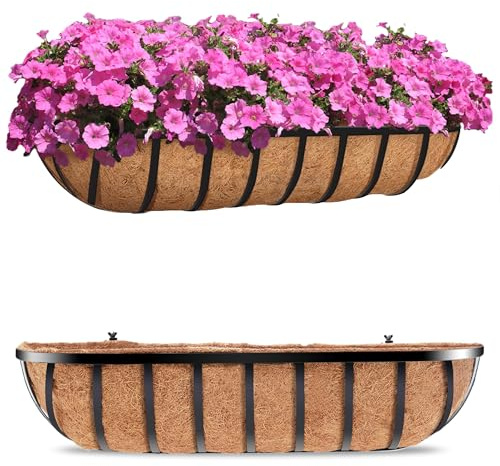 HFHOME 2Pcs 76.2cm/30in Large Wall Trough Rail Planters,Heavy Duty Metal Planter Box with Coconut Coir replacement,Gardening Kit for Window Box Porch Balcony & Outdoor Fences