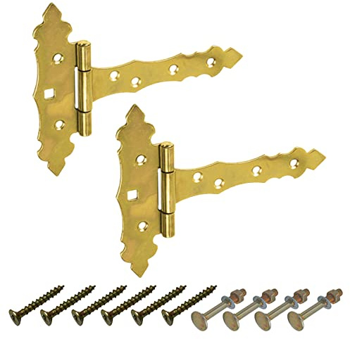 BRESKO Kreuzgehänge dekorativ Ladenband Scharnier T Bänder Torband Türbänder verzinkt 2er Set mit Schrauben (Gelb, 125x35x130 mm)