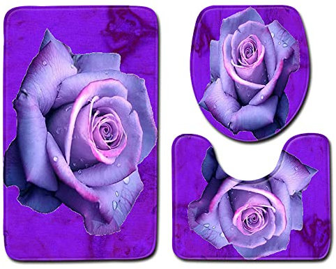 Badezimmerteppich Lila Rose Badematte Set 3 Teilig Fußmatte rutschfest Saugfähig Badteppich Waschbar Fussmatte Teppich Schmutzfangmatte für Badezimmer