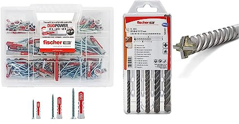 Fischer 544546 Duopower Universal Dowels Kit with Screw, ‎Transparent & 545507 Bohrer D-SDX Sizes, 5-12 mm, 4-Cutting Head, Practical Set, 5 Masonry Drill Bits, Grey, 5-12mm