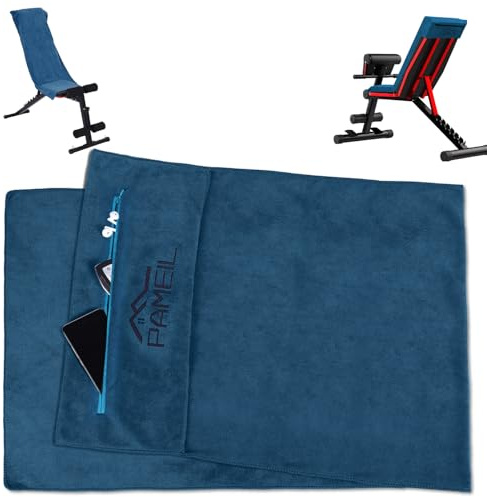 Pameil Toalla de fitness, 120 x 50 cm, toalla deportiva para gimnasio, absorbente y suave, con bolsillo con cremallera, para entrenamiento (azul marino)
