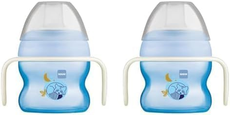 MAM Starter Cup Glow in The Dark Handles, Baby Cup for 4+ Months, Baby Feeding, Glow in The Dark Toddler Cup, 1x 150 ml, Blue (Designs May Vary) (Pack of 2)