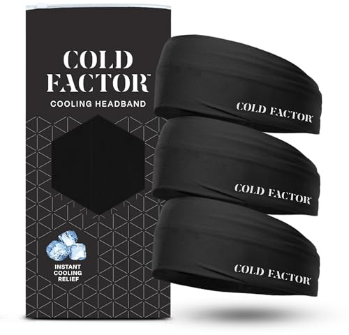 COLD FACTOR Cooling Headband for Women and Men – UPF 50+ Advanced Evaporative Comfort, Instant Cooling Sweatband for Outdoor Sports, Fitness, Yoga, Hiking, Running, and Workout – 3 Pack (Black)