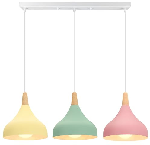 iDEGU Hänglampa med 3 lampor retro E27 hängande lampa modern droppformad lampskärm pendellampa av metall trä vintage lampa för matsal kök vardagsrum sovrum (balkar, grön + rosa + gul)