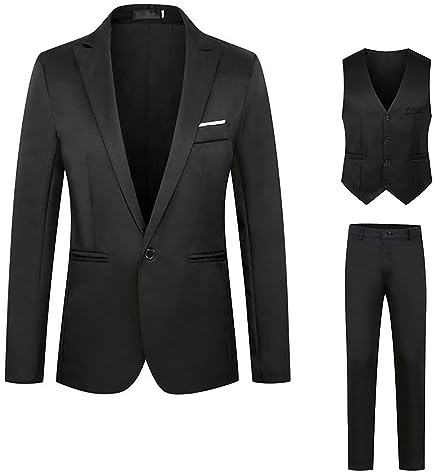 BiCophy Men Plus Size Dress Suits 3 Piece Slim Fit Single Breasted Two Button Wedding Tuxedo Suit Blazer Waistcoat Smart Chino Trousers with Pockets Black