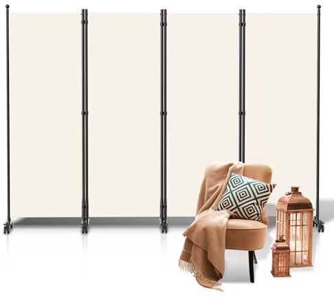 Fiqops Biombo biombo con ruedas, 4 piezas, 228 x 181 cm, resistente a la intemperie y separador, para oficinas, balcones, color beige