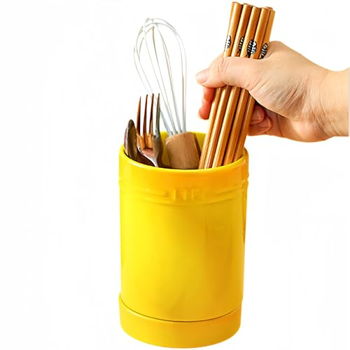 Dowbom Kitchen Utensil Crock, Ceramic, Yellow, 4 Countertop Holder, 14-15 Piece Capacity