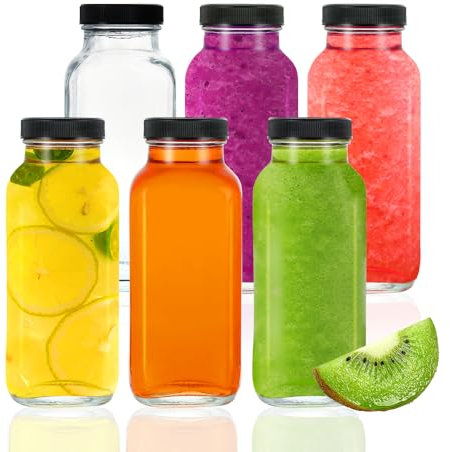 6 bottiglie da 473 ml in vetro con coperchio, bottiglie di succo da riempire in vetro con coperchio nero, bottiglie riutilizzabili da riempire, bottiglie quadrate in vetro da riempire per viaggi, tè,