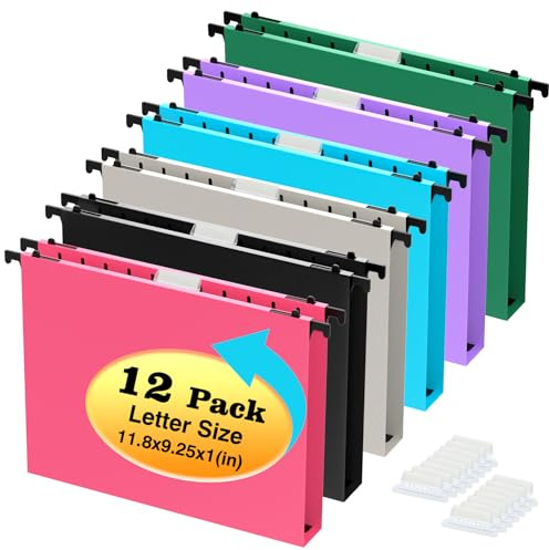 Shutex Extra Capacity Plastic Hanging File Folders,12 Pack Reinforced Hang Folder,Heavy Duty 1 Inch Expansion,Filing Cabinet Folders Letter Size for Bulk Files/Medical Charts (Assorted Colors)