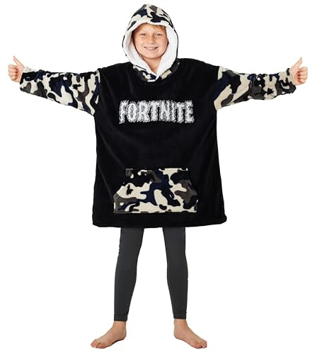 Fortnite Felpa Oversize Bambino Ragazzi 14+ Cappuccio Coperta Indossabile Extra Lungo Poncho Pile Giocatore Regali Bambini (Mimetica Bianco/Nero Bambini)