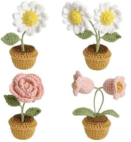 Magicherry 4 Pieces Crochet Flowers Small Potted Knitted Daisy Rose Lily of the Valley Artificial Woolen Yarn Flowers for Car Dashboard Home Office Table Centerpiece Shelf Decor,Color#B