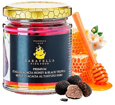 Acaciahonung med Svart Tryffel 250 g Caravella Fine Food| Italiensk Rå Opastöriserad med Svart Tryffelspån | Lyxig Gourmet Aromatisk Umami-rik mångsidig| Perfekt för Frukost Ost Kött Efterrätt Present