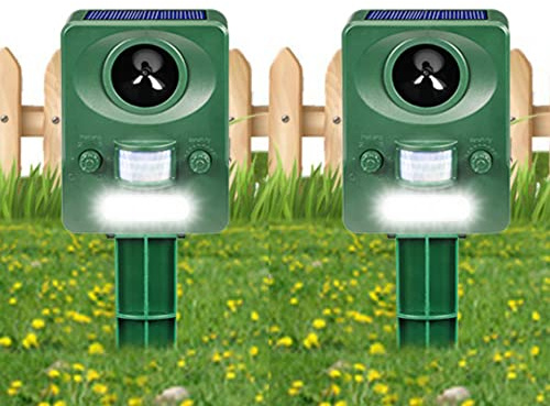 2X djurskrämma ultraljud solar, starkt blinkande + akustiskt larm djurförsvar, för att skydda mot mink, katter, rävar, vargar, tvättbjörnar, etc. för utomhus i gräsmattor och trädgårdar