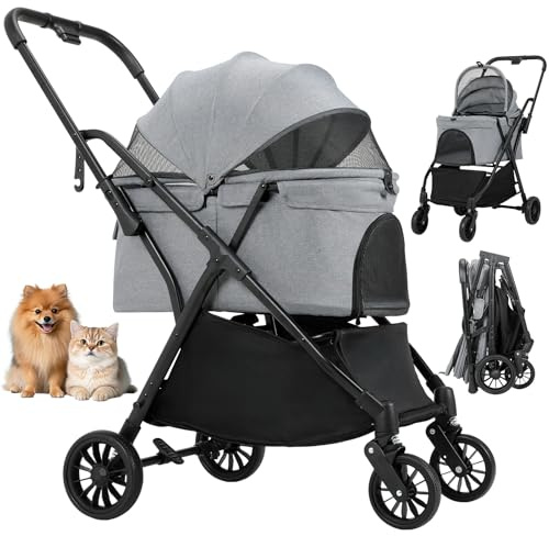 MAMIZO One-Touch vikbar hundvagn, vikbar kattvagn upp till 20 kg, bakhjulsbromsar, ventilerande frontfönster, krokar för upphängning, 4 stycken 360° gummihjul, för små hundar katt, mörkgrå
