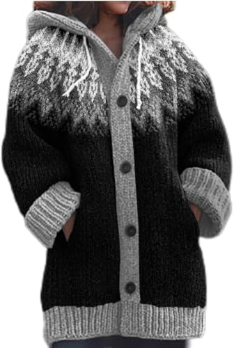 Cardigan Oversize Femme Automne Hiver Élégant Chic Veste Tricotée Chaude à Boutons Gilet Long Cocooning Mode Pull avec Capuche Grandes Tailles Sweater Noël Imprimé Motifs