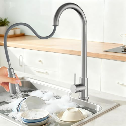 UISEBRT Rubinetto da cucina estraibile, rubinetto da cucina ad alta pressione con doccetta estraibile, girevole a 360°, due funzioni di spruzzo, tipo C, spazzolato
