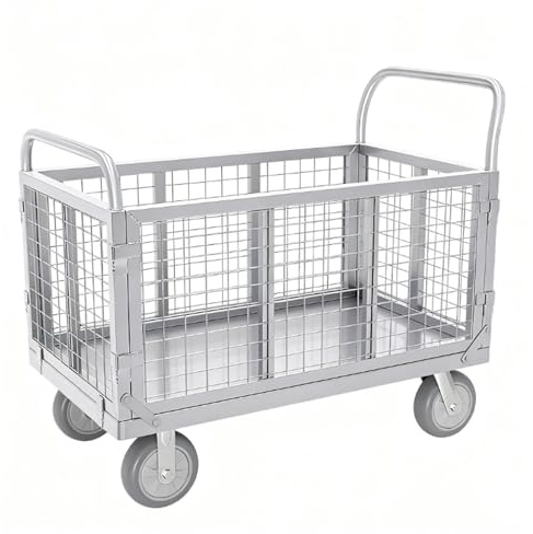 Carrello pieghevole con piattaforma con gabbia, design resistente, capacità di carico 300 kg, ruote manovrabili per magazzini e trasporti