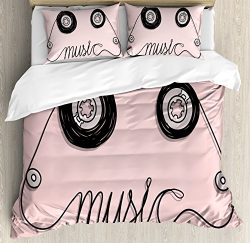 Ambesonne Music Duvet Cover Set, Music Letters Written by Cassette Tape Loud Improvisation Beat Pulse Tempo Image, Decorative 3 Piece Bedding Set with 2 Pillow Shams, Queen Size, Pink Black
