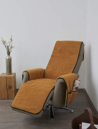 Schurwoll-Sesselschoner mit Armlehnenschoner und langem Fußteil, Senf