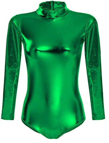 Damen Glänzende Ballettanzug Ballettbody Sport Tanz Body Gymnastikanzug Trikot Langarm Bodysuit Metallic Wetlook Einteiler Turnanzug Leotards Overall Lack Leder Oberteile Top Kostüm Dunkelgrün L