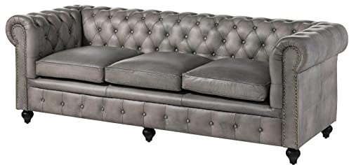 MASSIVMOEBEL24.DE Chesterfield #203 Divano 3 posti - Vera Pelle/Grigio 216x82x75