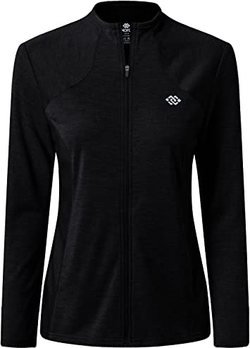 MoFiz Giacca Sportiva Leggera Donna Felpa Manica Lunga con Zip Traspirante Jacket da Tuta senza Cappuccio per Running Fitness Yoga Palestra con Tasche Nero L