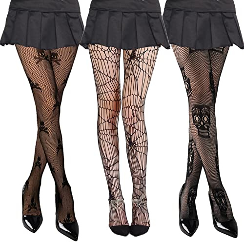 3 Paires Collant Halloween pour Femme, Collant Araignée Femme(B) | Squelette & Araignée, Résille Noir, Déguisement Halloween Accessoire Fantaisie Crâne Carnaval Fête
