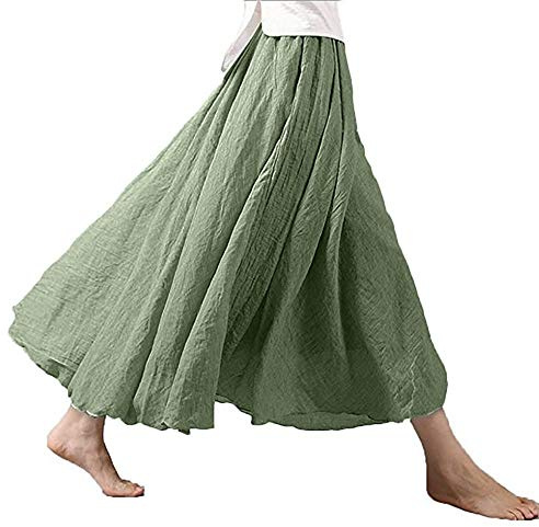 Linnekjol lång medeltida – veckad kjol dam lång sommarkjol bomull lång RöCke vintage tallrikskjol elegant maxikjol enfärgad hög midja veckad kjol – strandkjol sommar swingkjol, Ljusgrön, XL