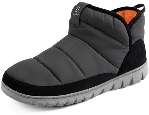 LongBay Men's Nylon Boots Warm Memory Foam Non-Slip for Indoor Outdoor Rubber Sole Snow Boots Slipper Winter House Shoes Grey,8-9