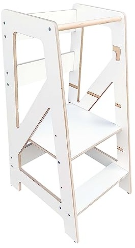BABYLIKE Montessori Lernturm für Kinder | Lernstuhl ab 1 Jahr | Learning Tower | Tritthocker mit 2 Stufen & verstellbaren Fachböden | 46x40x85 cm| Weiss