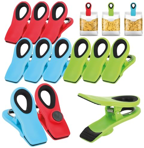 COM-FOUR® 12x clips de fermeture pour sacs - clips de fermeture pour sacs et conservation au frais - clips de fermeture en plastique - clips de fermeture avec aimant (12 pièces - vert + bleu + rouge)