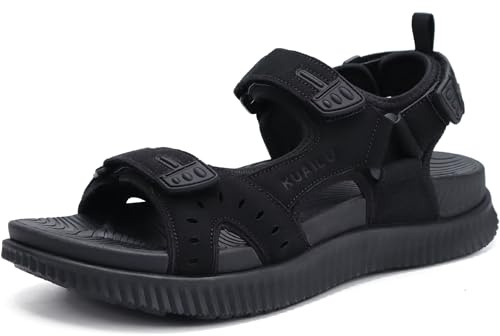 KuaiLu Mens Leather Hiking Sandals With Arch Support Orthopedic Sport Recovery Athletic Walking Sandals For Man Outdoor Summer Casual Thick Cushion Beach Water Fisherman Sandal, size 9 Black