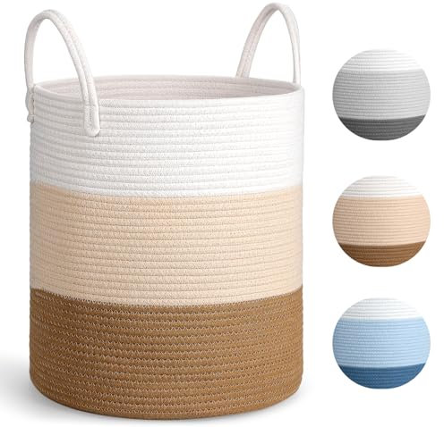 Hnyoou Laundry Basket, Large Toy Basket Baby Laundry Basket Washing Basket Woven Storage Basket with Handle Cotton Rope Basket Blanket Basket Rope Storage Basket for Living Room, Bedroom,Khaki