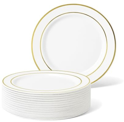 MATANA 100 Premium White Plastic Dessert Plates with Gold Rim, 19cm / 7 Inch - Elegant & Reusable Small Side Plates, Starter Plates for Weddings, Birthdays, Picnic, BBQ, Parties
