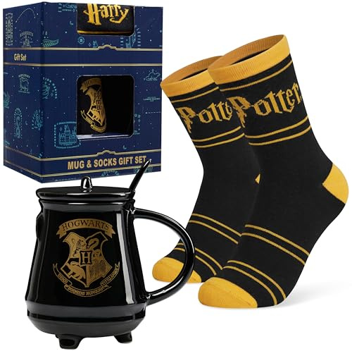 Harry Potter Mug & Socks Gift Set for Women & Teens UK Size 2.5-7.5, Hogwarts Calf Socks Ceramic Mug, Xmas Gifts for Women (Black, 2.5/7.5 UK)