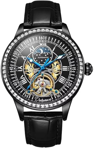 DAXIAOYU herrklocka Tourbillon månfas mekaniskt armbandsur handuppdragen affärer automatiska klockor läderrem diamant urtavla