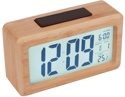 Jasfyee Réveil Numérique, Horloge Numérique en Bois Massif avec Mode Snooze, Réveil À Piles Horloge Numérique Radio Pilotée avec Capteur, Affichage De La Date Et De La Température pour Bureau Salon