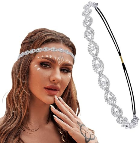 Flayem Kopfkette Silber Glänzendes Elastische Strass Stirnband für Damen