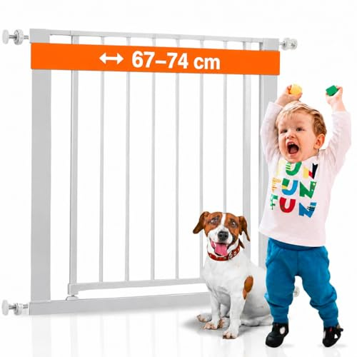 ALMAR Baby Barrera de Seguridad 67-74cm Blanco | Facil Montaje sin Tornillos para Puertas, Pasillos o Escalera para Niños o Mascotas | Valla Blanca con Sitema de Cierre Automático Giro Ambos Lados
