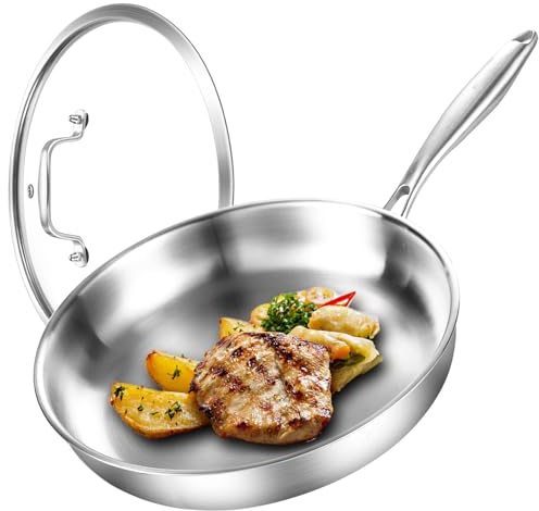 DELARLOCHEF Dreilagige Edelstahl Bratpfanne mit Deckel 24cm,Edelstahlpfanne Unbeschichtet,Induktions Pfanne,Hocheffiziente und Energieeffiziente Pfannen für Steak,Ei,9.5-Zoll