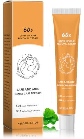Gesichtshaarentfernungscreme 60 Seconds, Wirksame Enthaarungscreme für Gesicht, Beruhigende Enthaarungscreme für Körper, Sanfte Oberlippen Haarentfernungscreme, Schmerzfreie (1P)
