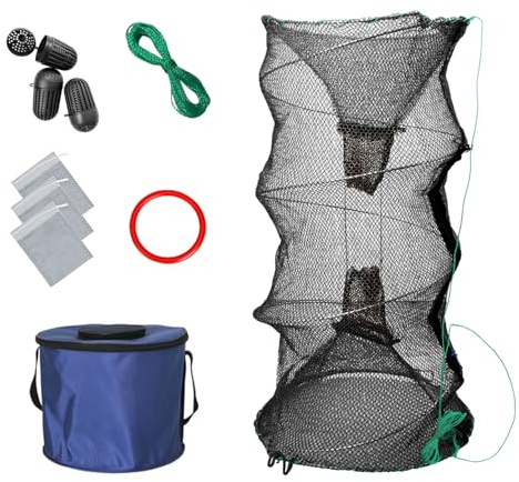 Minnow Trap with Foldable Fishing Net (11x24 Inch) & Collapsible Fish Bucket - Crab, Crawfish, Shrimp Trap for Freshwater Saltwater Fishing