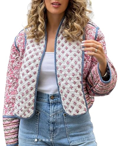 FeMereina Women's Cropped Puffer Jacket Floral Print Quilted Puffer Jackets Open Front Lightweight Short Jacket Trendy