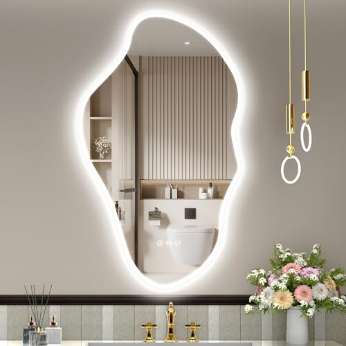 STARLEAD Asymétrique Miroir-Salle-de-Bain-avec-Eclairage 100x60cm, Irrégulier Miroir-LED avec Bluetooth, 3 Couleurs de Lumière Réglables, Anti-buée, Mémoire, IP44, Verre Trempé, Horizontal/Vertical